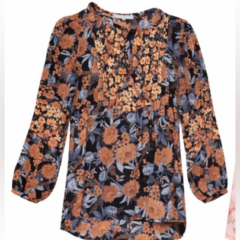 Daniel Rainn Women's Petite Black Floral Peasant Blouse V-Neck Long Sleeve